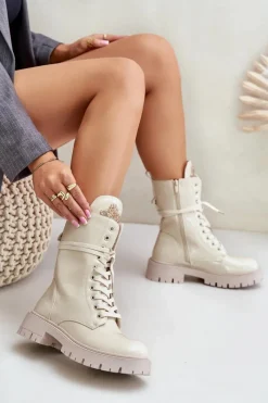 Outlet Boto Lakierowane Ocieplane Botki Workery Z Ozdobą Beżowe Kelilea Beżowy