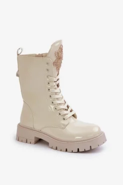 Outlet Boto Lakierowane Ocieplane Botki Workery Z Ozdobą Beżowe Kelilea Beżowy