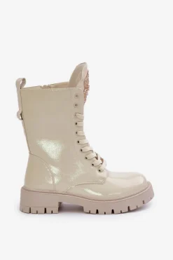 Outlet Boto Lakierowane Ocieplane Botki Workery Z Ozdobą Beżowe Kelilea Beżowy