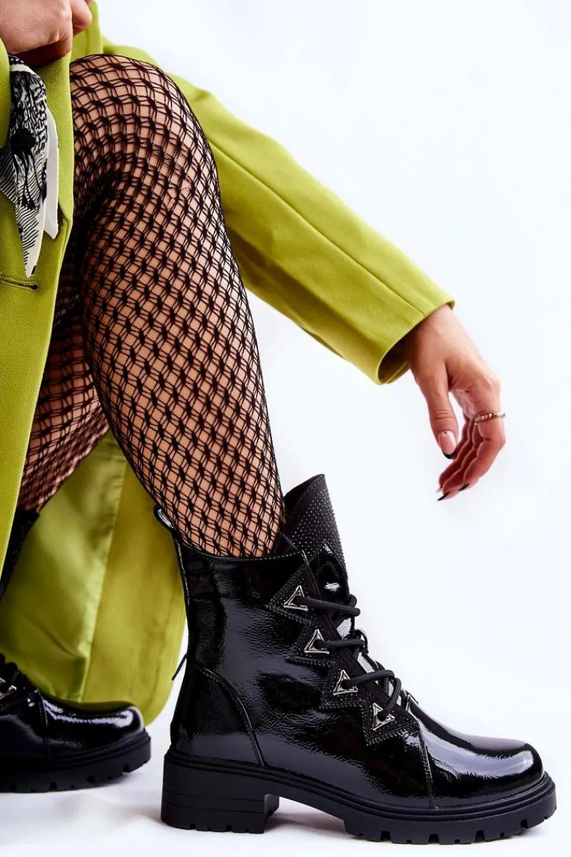 Czarne Botki|Botki Zimowe Damskie>Damskie buty S.Barski Lakierowane Ocieplane Botki Z Dżetami Czarne Gwen