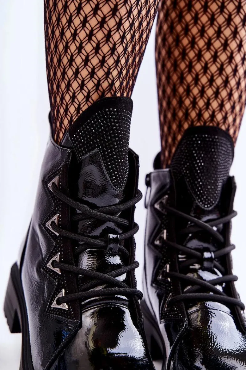 Czarne Botki|Botki Zimowe Damskie>Damskie buty S.Barski Lakierowane Ocieplane Botki Z Dżetami Czarne Gwen