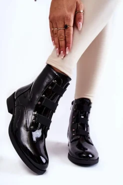 Botki Ocieplane|Czarne Botki>Damskie buty S.Barski Lakierowane Ocieplane Botki Na Płaskim Obcasie Czarne Geira