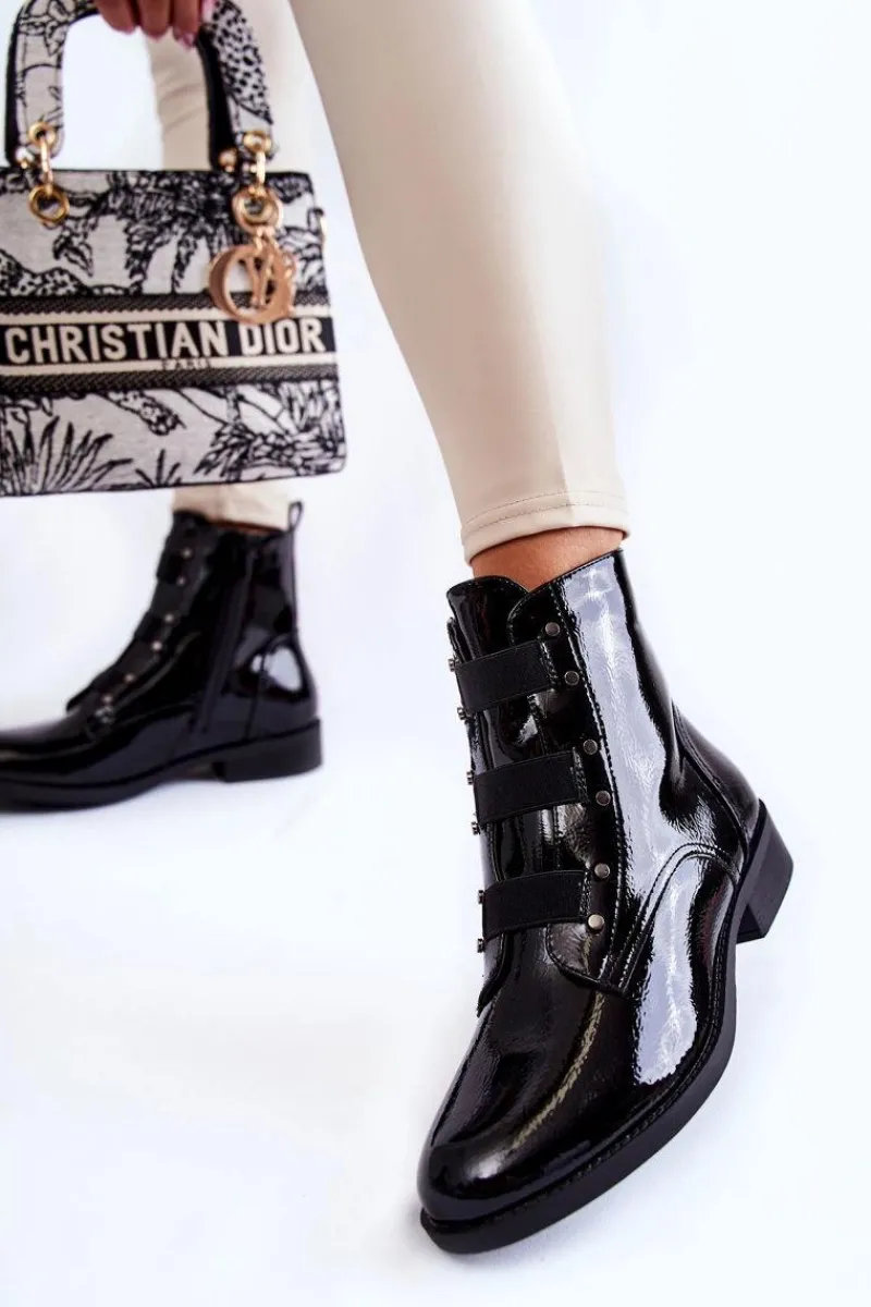 Botki Ocieplane|Czarne Botki>Damskie buty S.Barski Lakierowane Ocieplane Botki Na Płaskim Obcasie Czarne Geira