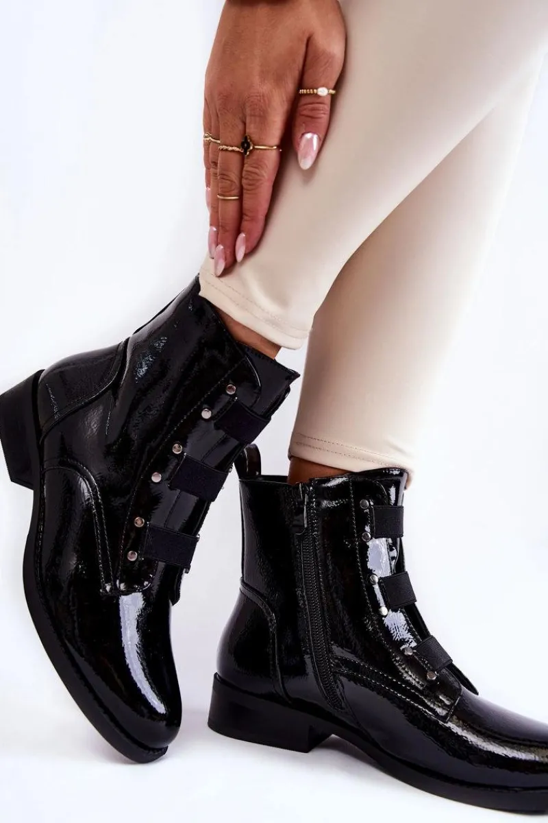 Botki Ocieplane|Czarne Botki>Damskie buty S.Barski Lakierowane Ocieplane Botki Na Płaskim Obcasie Czarne Geira