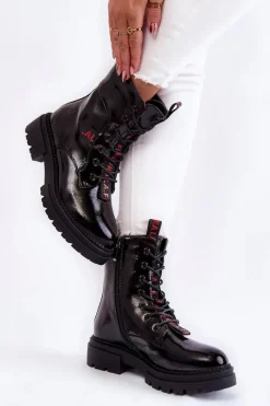 Damskie Trapery|Botki Sznurowane>Boto Lakierowane Ocieplane Botki La.Fi 250054B-LA Czarne