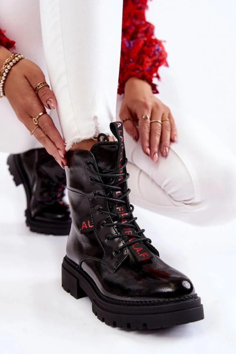 Damskie Trapery|Botki Sznurowane>Boto Lakierowane Ocieplane Botki La.Fi 250054B-LA Czarne