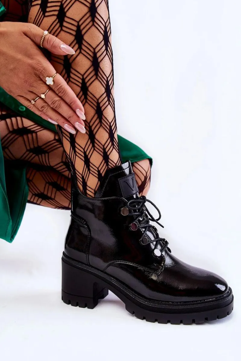 Online Lakierowane Ocieplane Botki Sznurowane Czarne Ragnhild Damskie Botki Sznurowane|Czarne Botki