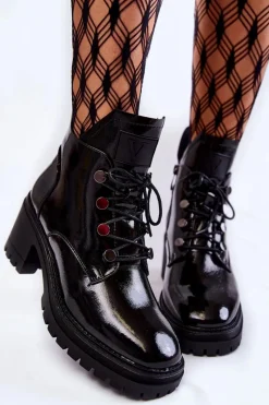 Online Lakierowane Ocieplane Botki Sznurowane Czarne Ragnhild Damskie Botki Sznurowane|Czarne Botki