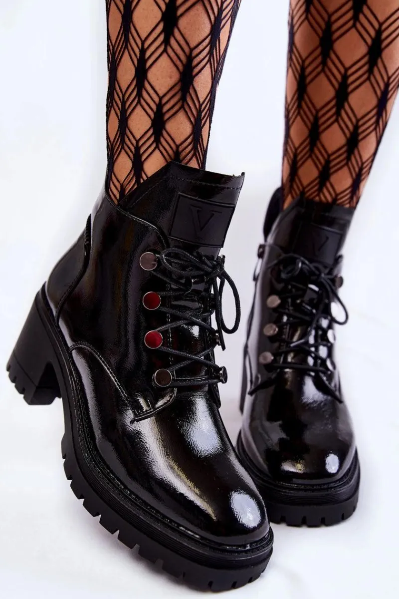 Online Lakierowane Ocieplane Botki Sznurowane Czarne Ragnhild Damskie Botki Sznurowane|Czarne Botki