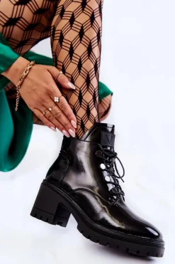 Online Lakierowane Ocieplane Botki Sznurowane Czarne Ragnhild Damskie Botki Sznurowane|Czarne Botki