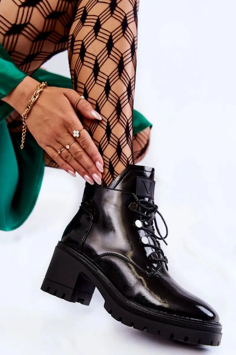 Online Lakierowane Ocieplane Botki Sznurowane Czarne Ragnhild Damskie Botki Sznurowane|Czarne Botki