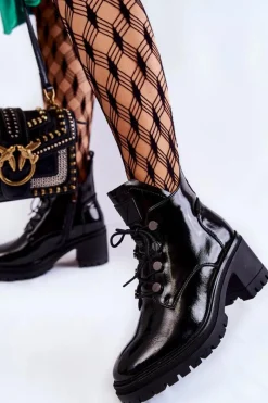 Online Lakierowane Ocieplane Botki Sznurowane Czarne Ragnhild Damskie Botki Sznurowane|Czarne Botki