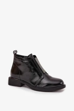 Hot Lakierowane Ocieplane Botki Damskie Na Niskim Obcasie S.Barski HY52-506 Czarne Damskie Botki Ocieplane|Czarne Botki