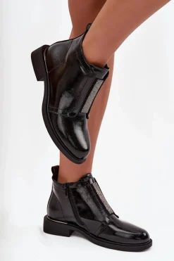 Hot Lakierowane Ocieplane Botki Damskie Na Niskim Obcasie S.Barski HY52-506 Czarne Damskie Botki Ocieplane|Czarne Botki