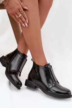 Hot Lakierowane Ocieplane Botki Damskie Na Niskim Obcasie S.Barski HY52-506 Czarne Damskie Botki Ocieplane|Czarne Botki