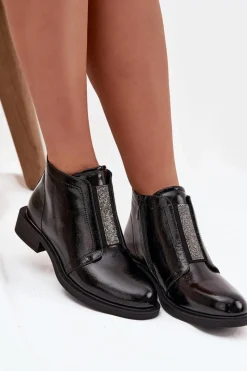 Hot Lakierowane Ocieplane Botki Damskie Na Niskim Obcasie S.Barski HY52-506 Czarne Damskie Botki Ocieplane|Czarne Botki