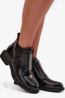 Hot Lakierowane Ocieplane Botki Damskie Na Niskim Obcasie S.Barski HY52-506 Czarne Damskie Botki Ocieplane|Czarne Botki