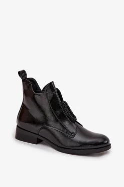 Discount Damskie buty S.Barski Lakierowane Ocieplane Botki Damskie Z Ozdobnym Detalem S.Barski HY52-525 Czarne