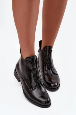 Discount Damskie buty S.Barski Lakierowane Ocieplane Botki Damskie Z Ozdobnym Detalem S.Barski HY52-525 Czarne