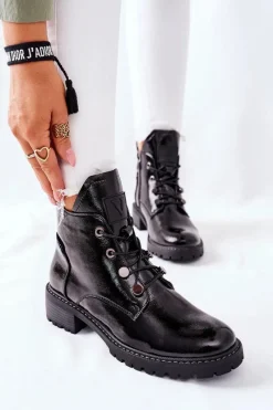 Sale Lakierowane Ocieplane Botki Czarne Cloghan Damskie Botki Sznurowane|Czarne Botki