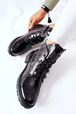 Sale Lakierowane Ocieplane Botki Czarne Cloghan Damskie Botki Sznurowane|Czarne Botki