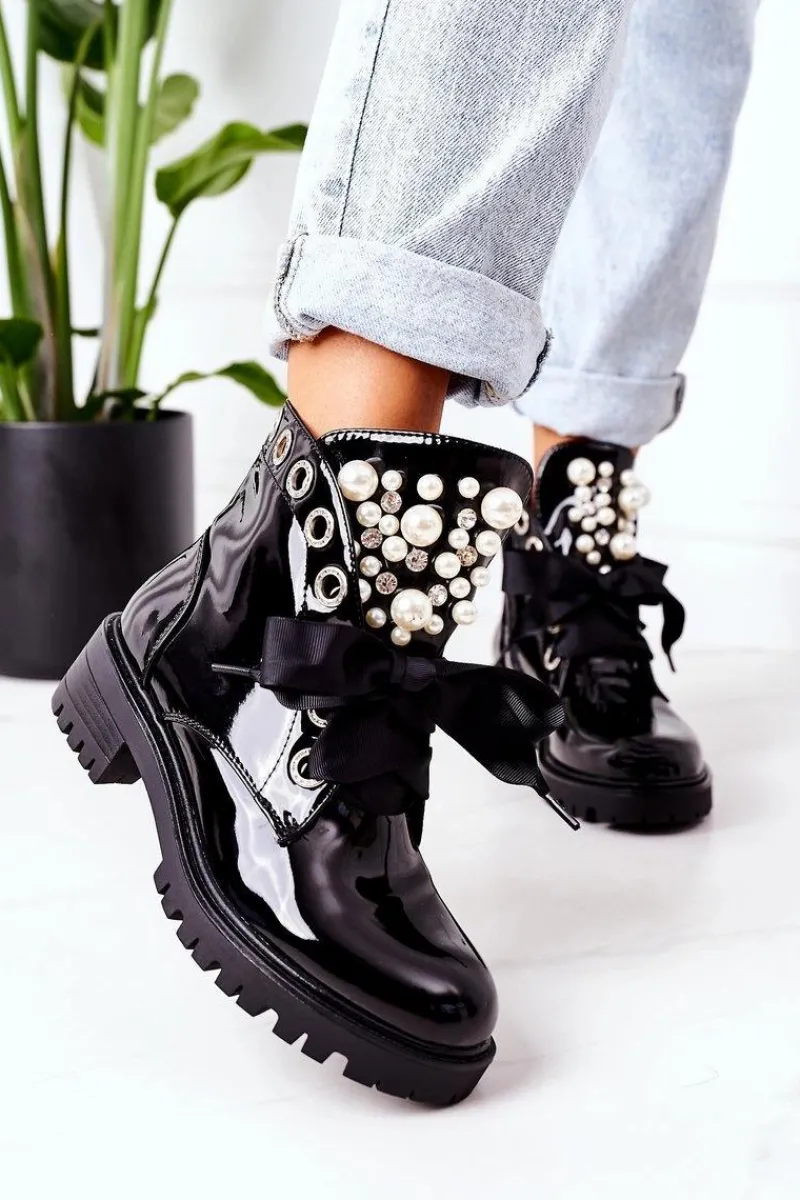 Botki Sznurowane|Czarne Botki>Boto Lakierowane Ocieplane Workery Z Perełkami Czarne Perla