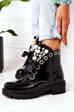 Botki Sznurowane|Czarne Botki>Boto Lakierowane Ocieplane Workery Z Perełkami Czarne Perla
