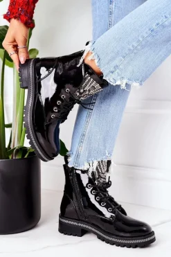 Botki Sznurowane|Czarne Botki>Boto Lakierowane Ocieplane Workery Z Cyrkoniami Czarne Attention