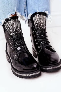 Botki Sznurowane|Czarne Botki>Boto Lakierowane Ocieplane Workery Z Cyrkoniami Czarne Attention