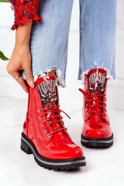 Discount Boto Lakierowane Ocieplane Workery Z Cyrkoniami Czerwone Attention