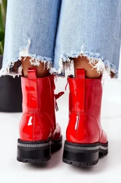 Discount Boto Lakierowane Ocieplane Workery Z Cyrkoniami Czerwone Attention