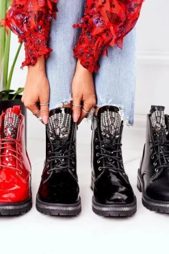 Discount Boto Lakierowane Ocieplane Workery Z Cyrkoniami Czerwone Attention