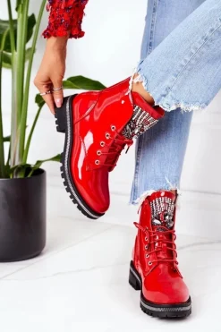 Discount Boto Lakierowane Ocieplane Workery Z Cyrkoniami Czerwone Attention