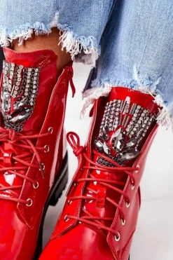 Discount Boto Lakierowane Ocieplane Workery Z Cyrkoniami Czerwone Attention