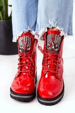 Discount Boto Lakierowane Ocieplane Workery Z Cyrkoniami Czerwone Attention