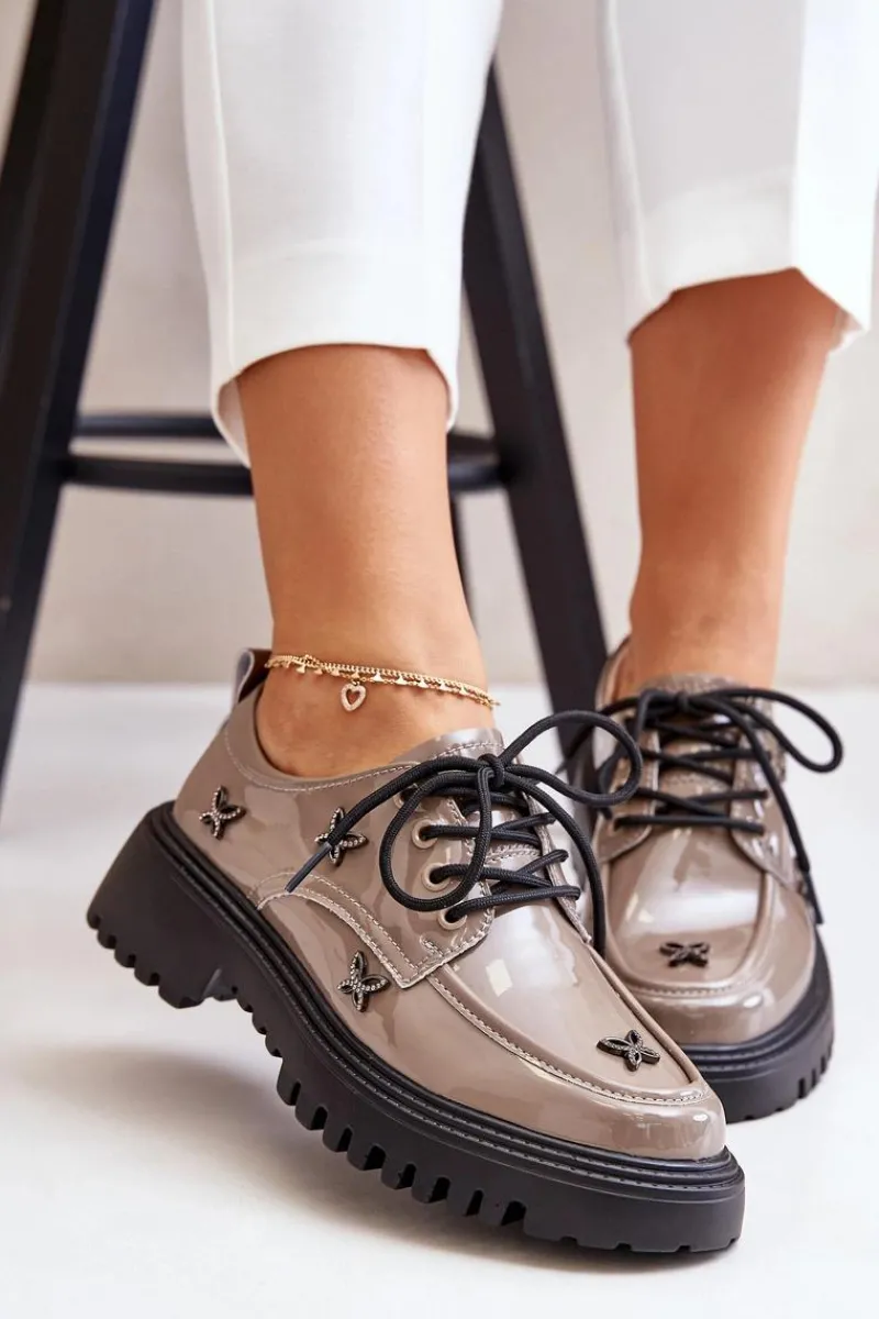 Półbuty Lakierowane|Półbuty Skórzane>Artiker Lakierowane Półbuty Damskie Z Ozdobami Skóra Naturalna 55C1010 Ciemnobeżowe