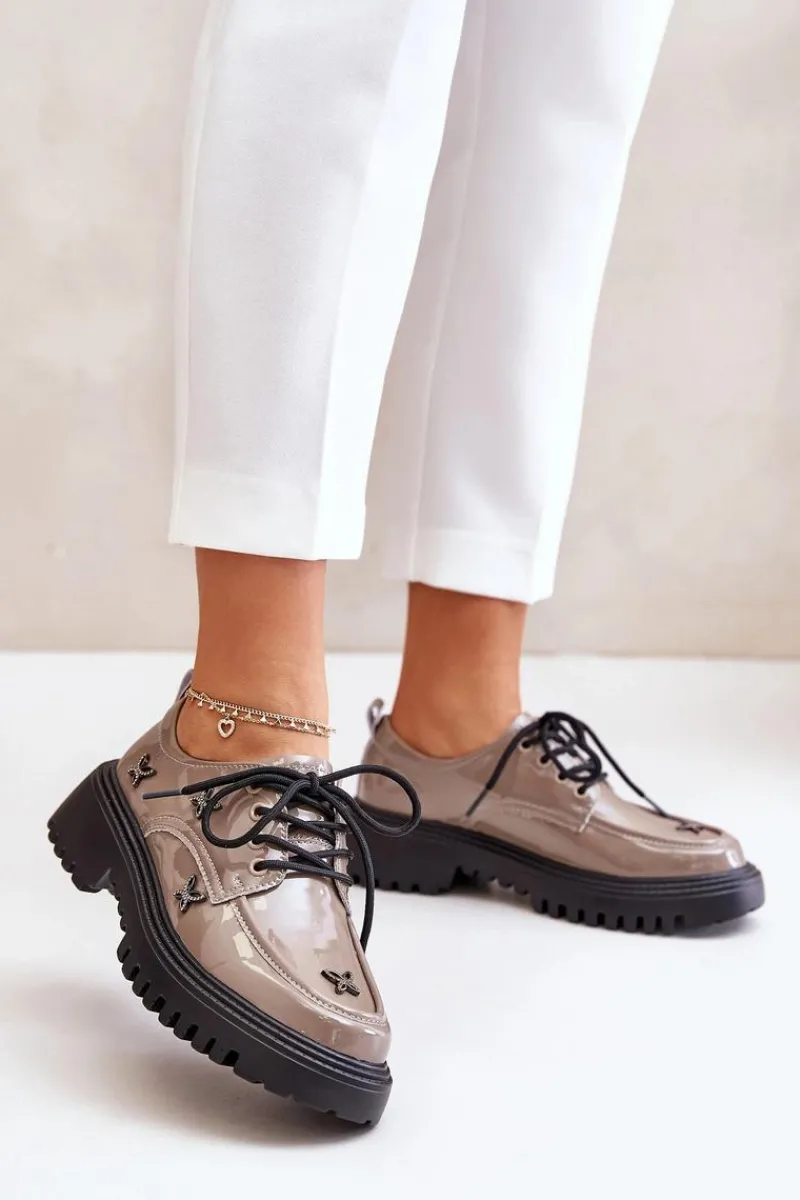 Półbuty Lakierowane|Półbuty Skórzane>Artiker Lakierowane Półbuty Damskie Z Ozdobami Skóra Naturalna 55C1010 Ciemnobeżowe