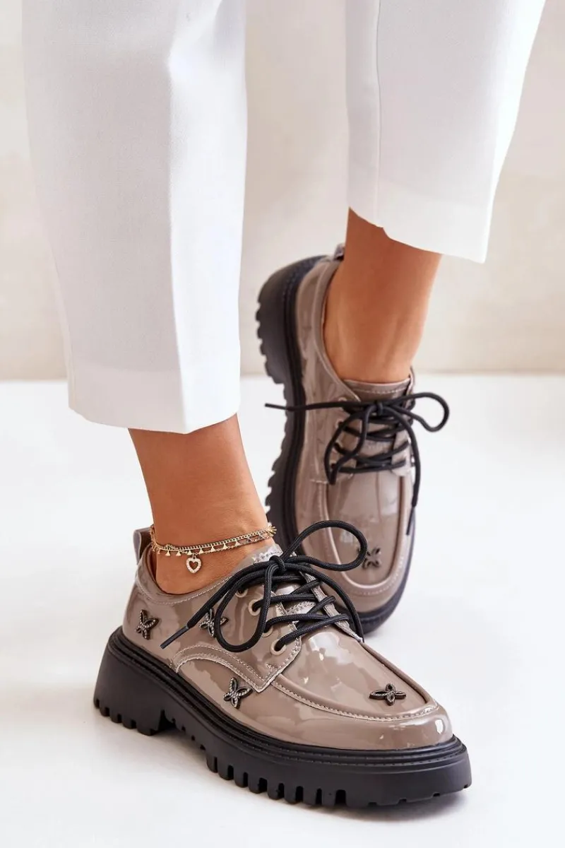 Półbuty Lakierowane|Półbuty Skórzane>Artiker Lakierowane Półbuty Damskie Z Ozdobami Skóra Naturalna 55C1010 Ciemnobeżowe