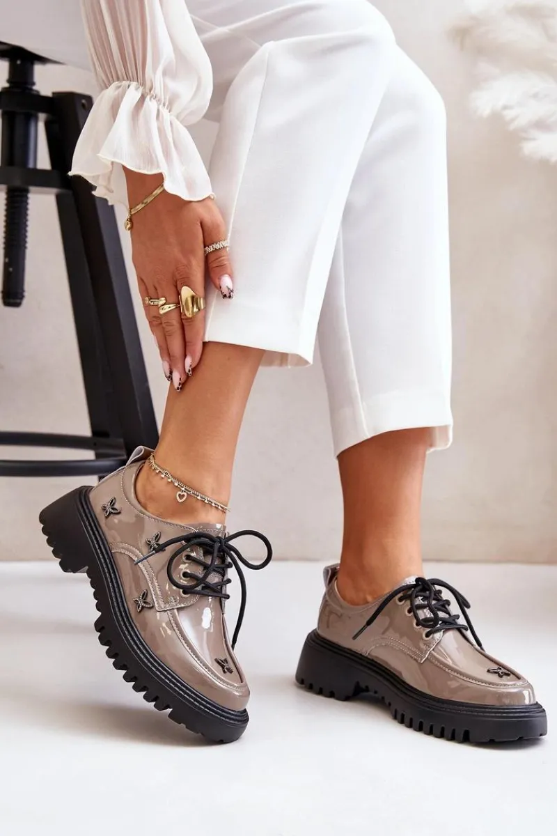 Półbuty Lakierowane|Półbuty Skórzane>Artiker Lakierowane Półbuty Damskie Z Ozdobami Skóra Naturalna 55C1010 Ciemnobeżowe