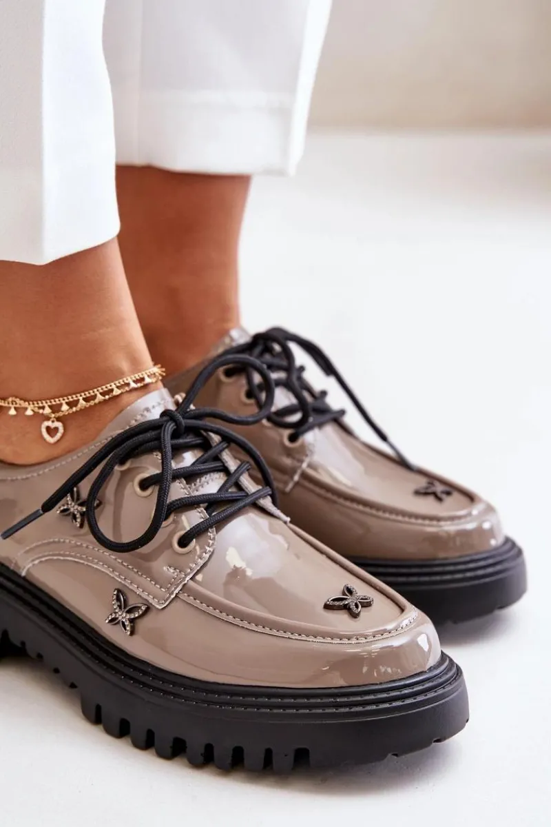 Półbuty Lakierowane|Półbuty Skórzane>Artiker Lakierowane Półbuty Damskie Z Ozdobami Skóra Naturalna 55C1010 Ciemnobeżowe