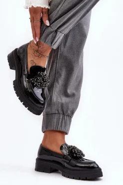 Discount Lakierowane Półbuty Damskie Zdobione Czarne Annella Damskie Mokasyny Damskie Lakierowane