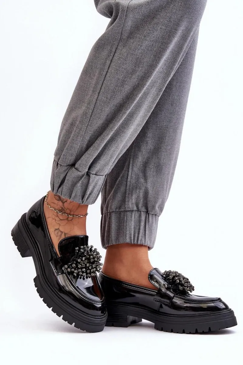 Discount Lakierowane Półbuty Damskie Zdobione Czarne Annella Damskie Mokasyny Damskie Lakierowane