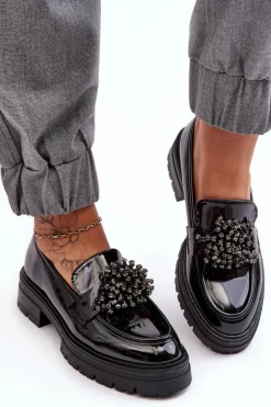 Discount Lakierowane Półbuty Damskie Zdobione Czarne Annella Damskie Mokasyny Damskie Lakierowane