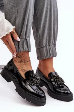 Discount Lakierowane Półbuty Damskie Zdobione Czarne Annella Damskie Mokasyny Damskie Lakierowane