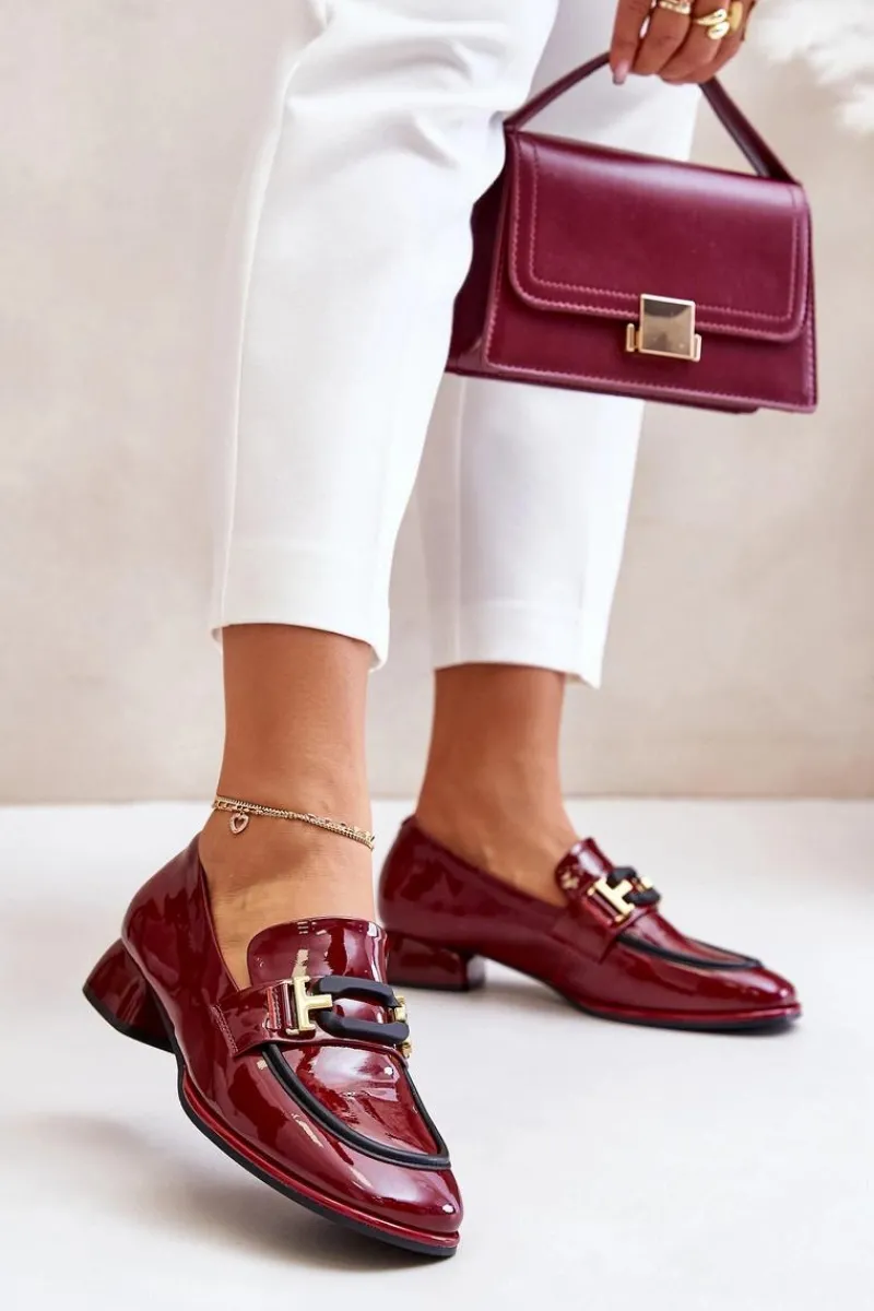 Discount Lakierowane Półbuty Damskie Na Klocku 55C0103 Bordowe Damskie Półbuty Skórzane