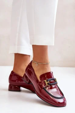 Discount Lakierowane Półbuty Damskie Na Klocku 55C0103 Bordowe Damskie Półbuty Skórzane