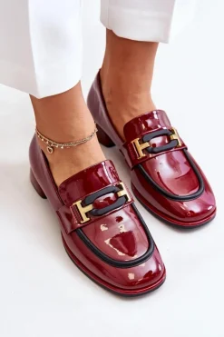 Discount Lakierowane Półbuty Damskie Na Klocku 55C0103 Bordowe Damskie Półbuty Skórzane
