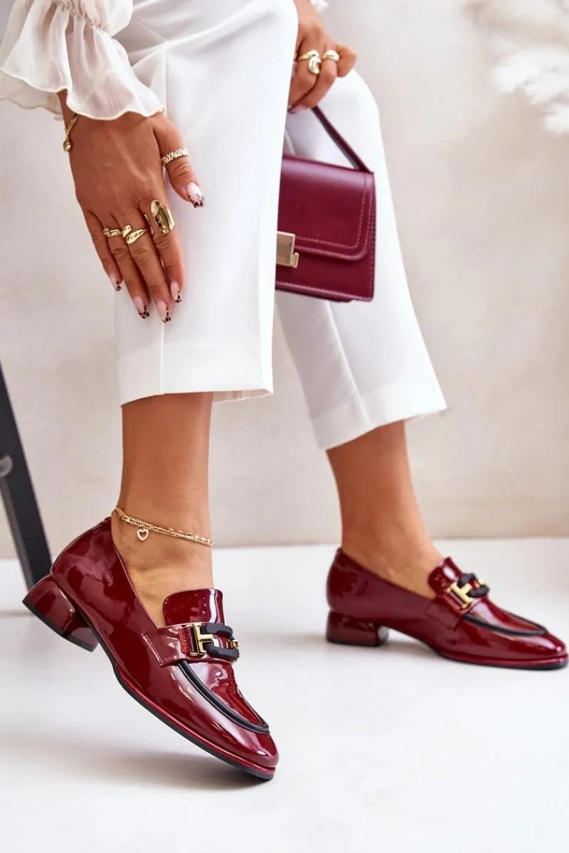 Discount Lakierowane Półbuty Damskie Na Klocku 55C0103 Bordowe Damskie Półbuty Skórzane