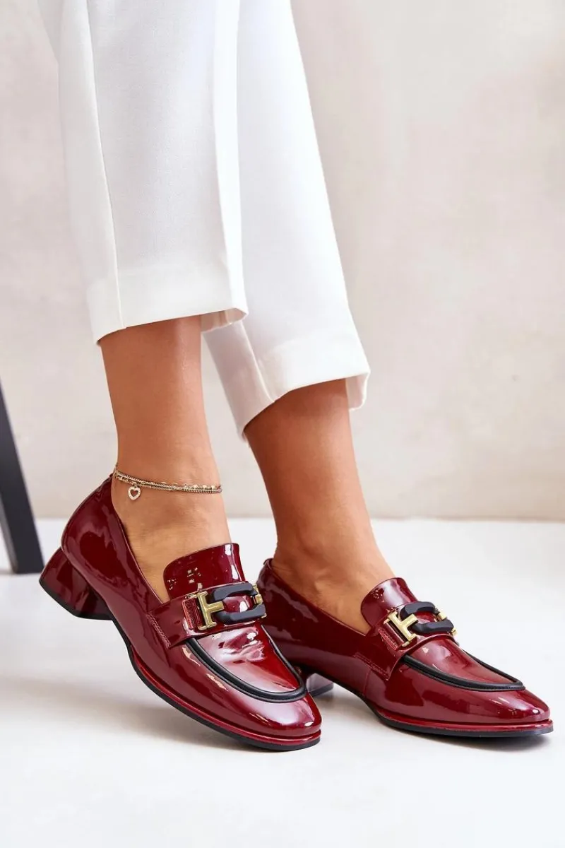 Discount Lakierowane Półbuty Damskie Na Klocku 55C0103 Bordowe Damskie Półbuty Skórzane