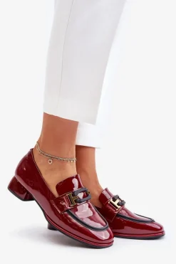 Discount Lakierowane Półbuty Damskie Na Klocku 55C0103 Bordowe Damskie Półbuty Skórzane